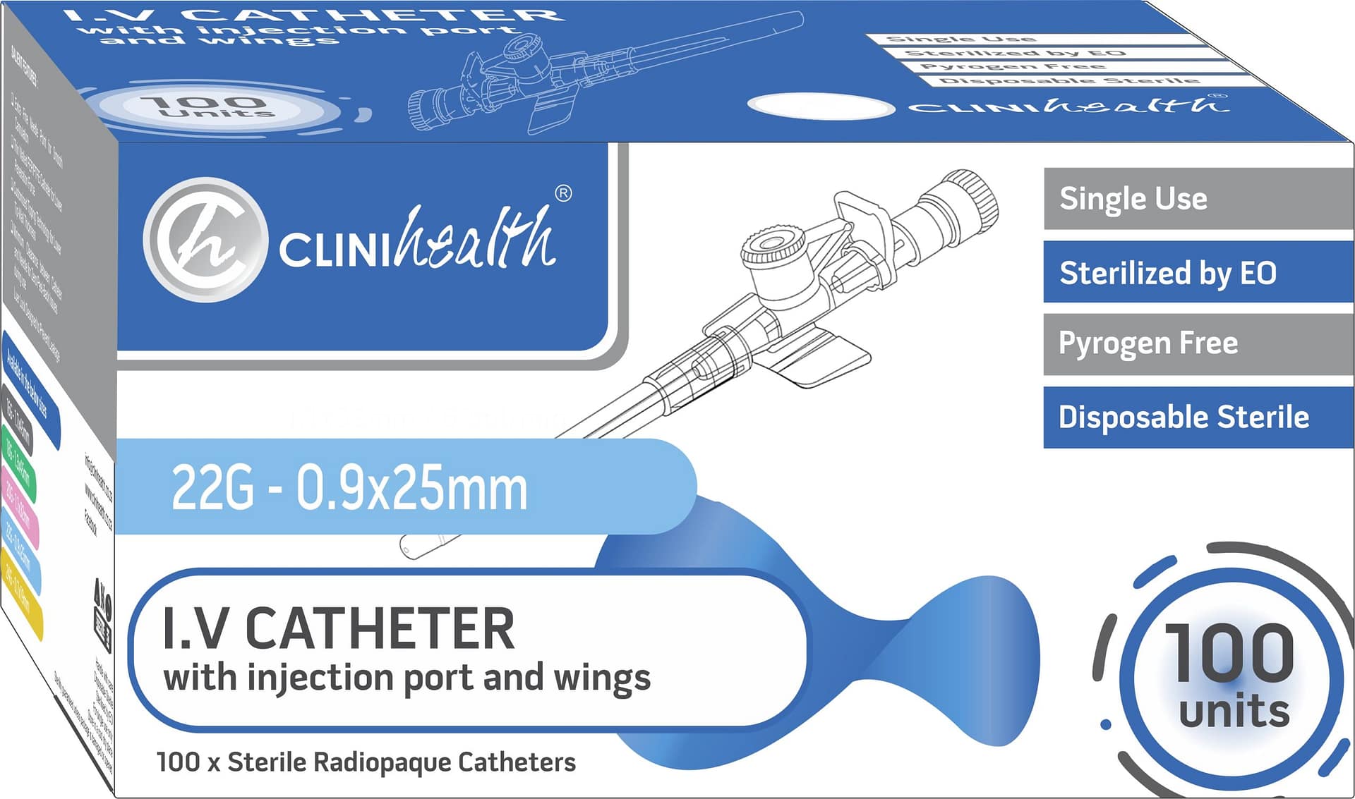 IV Catheter 22G with Injection port and wings 100s Clinihealth